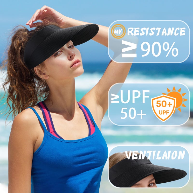 Pleneal Sun Hats for Women - Wide Brim Sun Visor Hat for Women, UPF50+ Lightweight Foldable Ponytail Sports Cap Black - Image 2