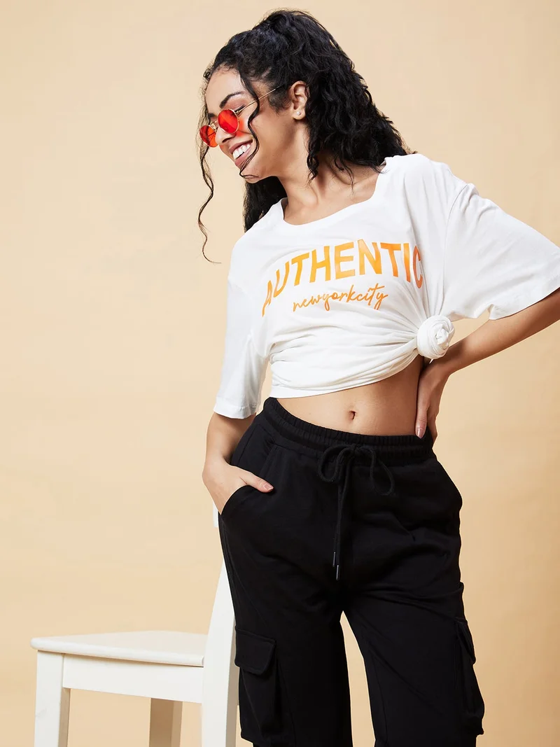 globus Globus Women White Typography Printed Pure Cotton Oversized T-Shirt