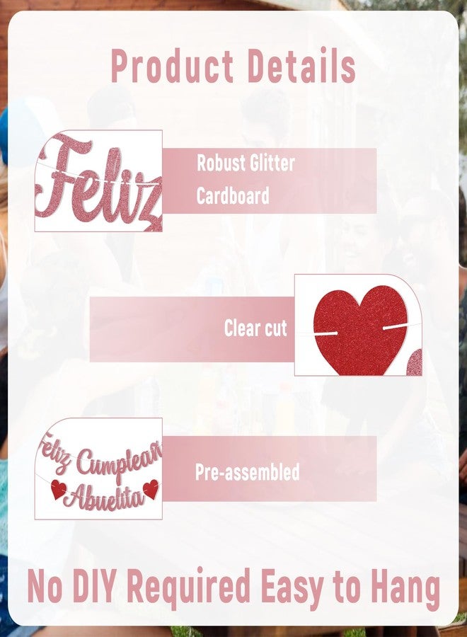 Ramciyo Feliz Cumpleaños Abuelita Banner - Spanish Happy Birthday Grandma Banner, Grandma Birthday Party Decorations Rose Gold Glitter - Image 3
