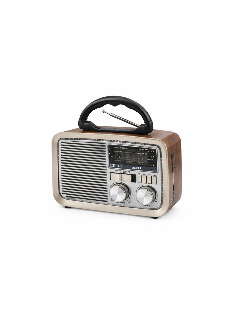 راديو محمول DENX موديل DX713 بمصباح يدوي، يدعم FM/AM/SW وUSB وكارت ميموري وAUX، بطارية قابلة للشحن – تصميم كلاسيك