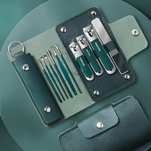 Simois 10 in 1 Nail Clipper Set, Manicure Pedicure Tools Kit with Fingernail & Toenail Clippers, Nail File, Portable Travel Grooming Kit for Men & Women with Leather Case (Pack of 1, Dark Green) - Image 1