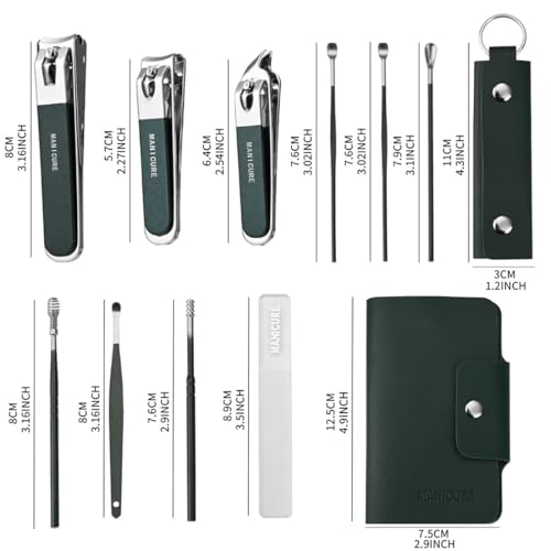 Simois 10 in 1 Nail Clipper Set, Manicure Pedicure Tools Kit with Fingernail & Toenail Clippers, Nail File, Portable Travel Grooming Kit for Men & Women with Leather Case (Pack of 1, Dark Green) - Image 2