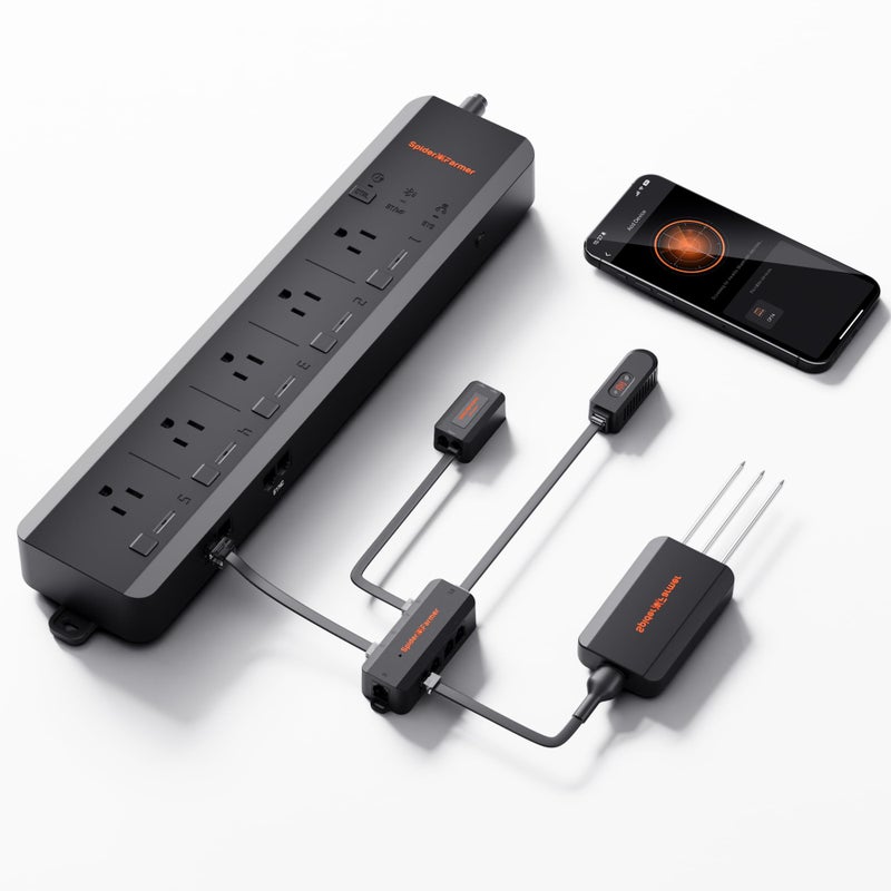 Spider Farmer GGS AC5 Power Strip Kits, 5 AC APP-Based Controls Outlets, 3 in 1 Soil Sensor, Temp Humid Light Sensor, for Indoor Grow Tent and Room - Image 1