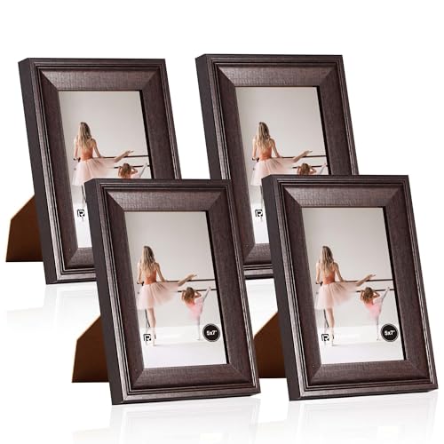 iRahmen 5x7 Picture Frame Set of 4, Dark Brown Rustic Retro Photo Frame with Real Glass, 5 x 7 Frames for Wall Mount and Tabletop Display - Image 1