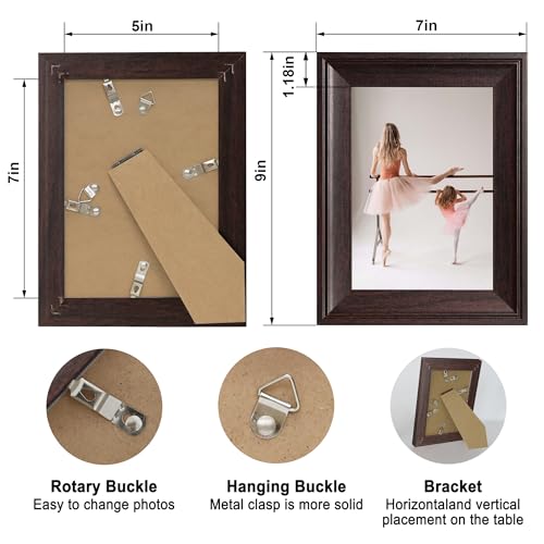 iRahmen 5x7 Picture Frame Set of 4, Dark Brown Rustic Retro Photo Frame with Real Glass, 5 x 7 Frames for Wall Mount and Tabletop Display - Image 4