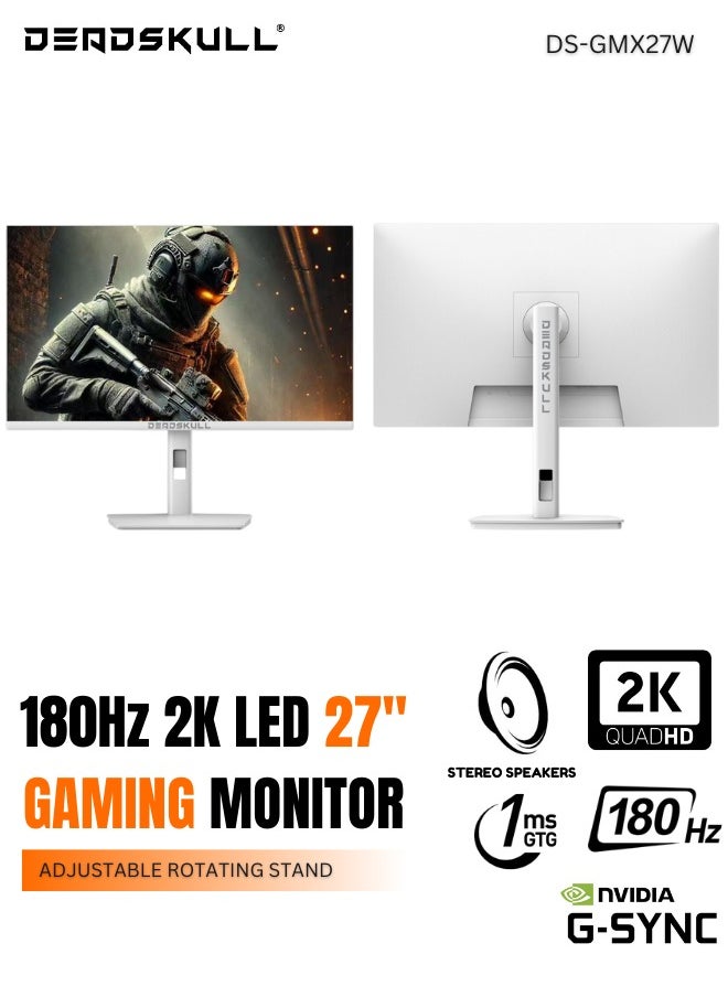DEADSKULL - 27 Inch GMX27P Gaming Monitor 2K QHD 2560x1440, LED Panel Type, 180Hz Refresh Rate, 1ms Response Time,  Adaptive Sync and G-Sync Compatible, Adjustable Stand | White - Image 1