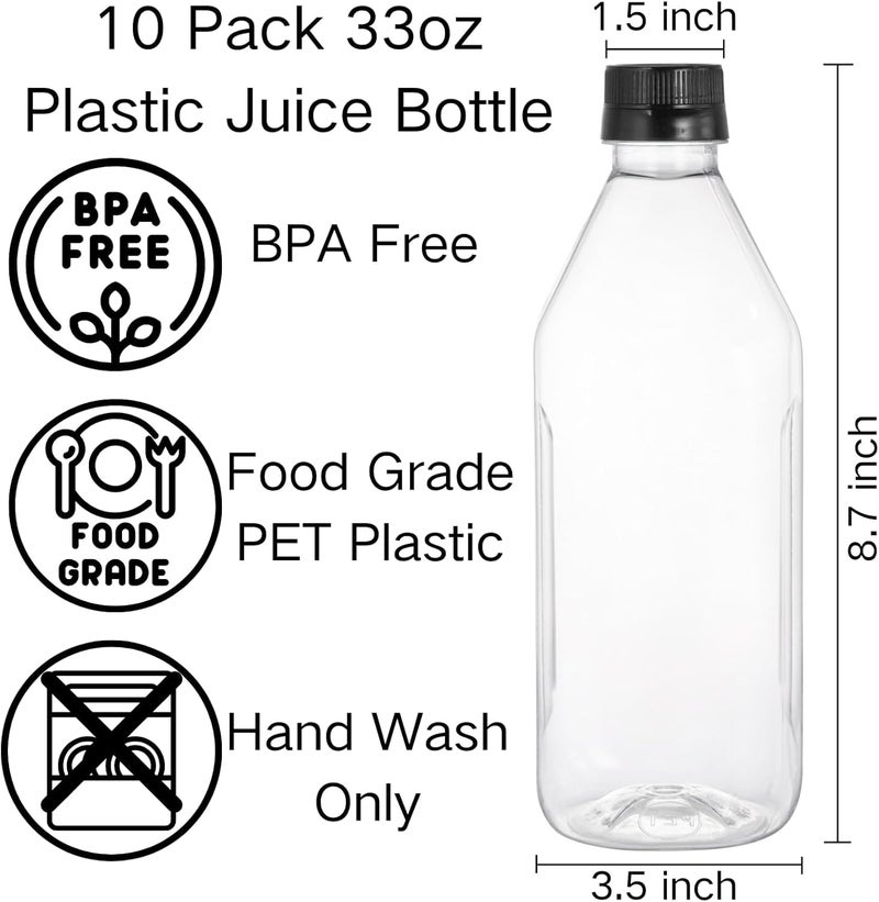 Coloch 10 Pack 33 Oz Plastic Juice Bottles with Black Caps, 1L Empty Clear Soda Bottle Reusable Drink Container Plastic Milk Bottle for Water, Juice, Beverage, Cold Drinks, Picnic, Home Use - Image 4