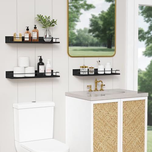 Forbena Black Floating Shelves for Wall Bahtroom Wall Shelves Over Toilet Rustic Hanging Shelf with Lip Rail for Bedroom Kitchen Office Living Room Picture Photo Decor 17 Inch LongSet of 3 - Image 3