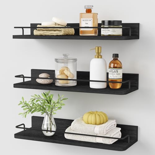 Forbena Black Floating Shelves for Wall Bahtroom Wall Shelves Over Toilet Rustic Hanging Shelf with Lip Rail for Bedroom Kitchen Office Living Room Picture Photo Decor 17 Inch LongSet of 3 - Image 1