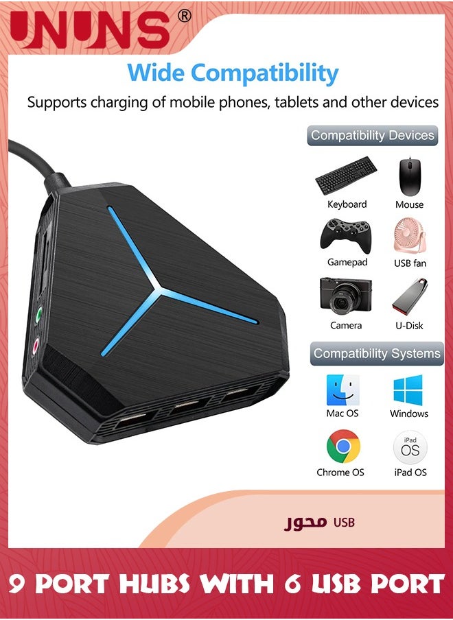 UNUNS - 10-Port USB Hub 3.0/2.0,USB C Vertical Data Hub With 3.2ft/1m Long Cord,TF/SD Card Reader,Headphones/Mic Port,Exrension Hub For PC,Mac,PS4/5,Flash Drive,Printer,Camera,Keyborad,Mouse - Image 1