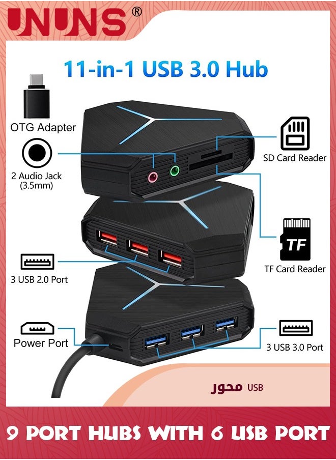 UNUNS - 10-Port USB Hub 3.0/2.0,USB C Vertical Data Hub With 3.2ft/1m Long Cord,TF/SD Card Reader,Headphones/Mic Port,Exrension Hub For PC,Mac,PS4/5,Flash Drive,Printer,Camera,Keyborad,Mouse - Image 1
