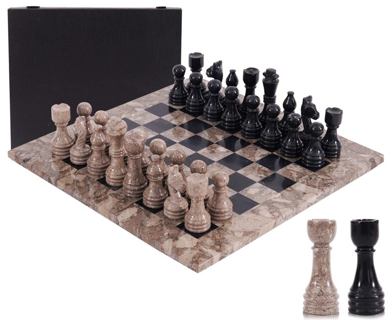 MARBLE RANGE Marble Chess Set for Adults 15" Handmade Oceanic & Black Board Game with 32 Chess Pieces, 2 Extra Queens & Storage Box, Luxury Travel Game â€“ Elegant Home DÃ©cor - Image 1