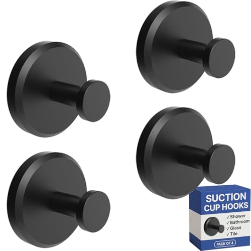 HOME SO Suction Cup Hooks for Shower, Bathroom, Kitchen, Glass Door, Mirror, Tile – Loofah, Towel, Coat, Bath Robe Hook Holder for Hanging up to 15 lbs – Waterproof & Rustproof, Matte Black (4-Pack) - Image 1