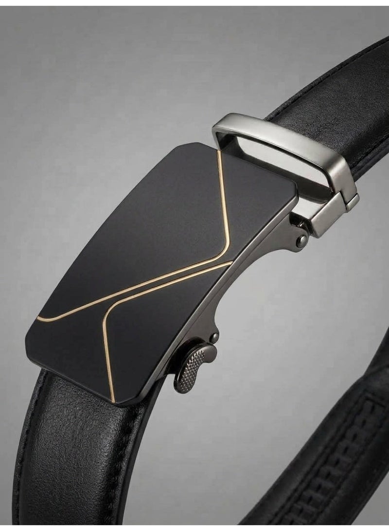 Men's Luxury Leather Automatic Buckle Belt - Holeless with Black & Gold Geometric Design - Image 3