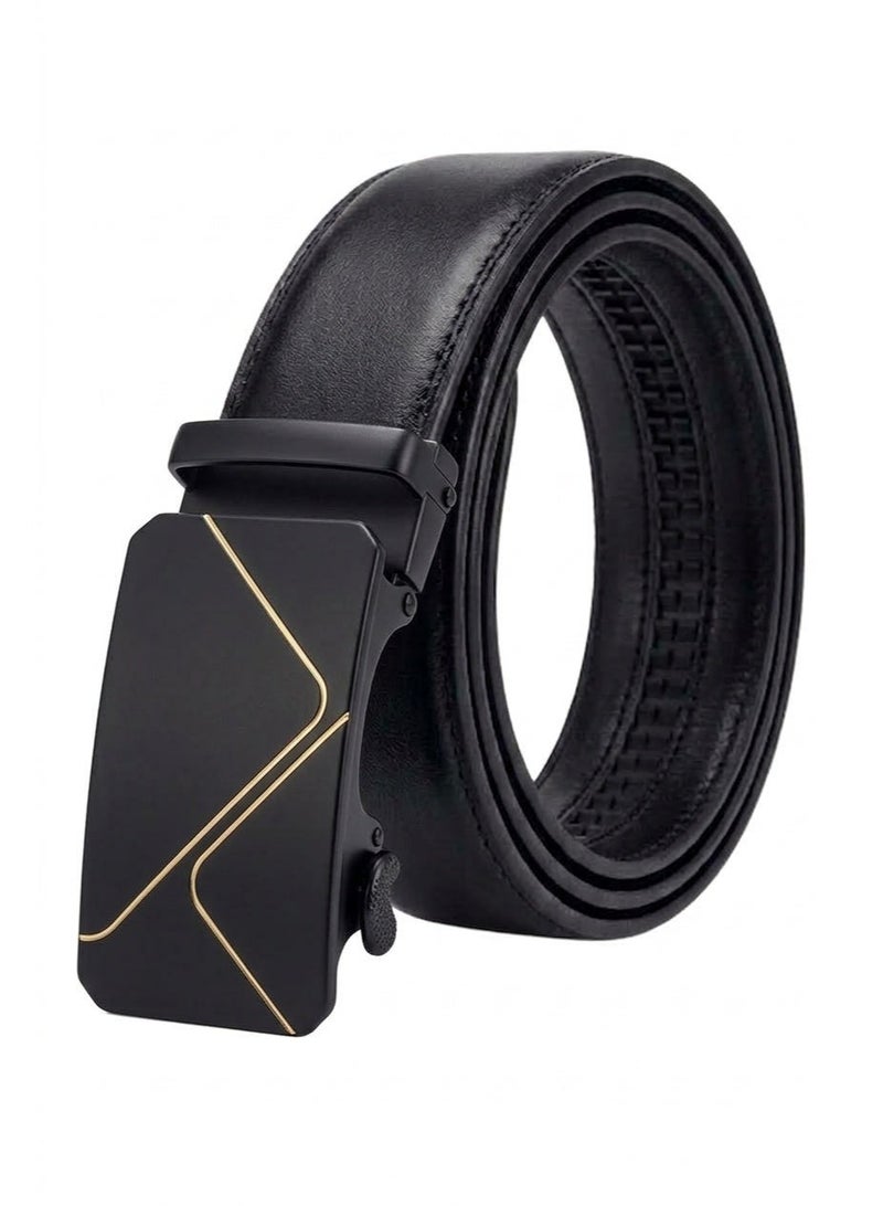 Men's Luxury Leather Automatic Buckle Belt - Holeless with Black & Gold Geometric Design - Image 1