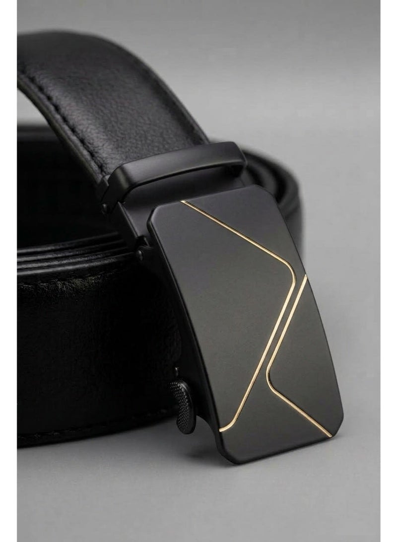 Men's Luxury Leather Automatic Buckle Belt - Holeless with Black & Gold Geometric Design - Image 2