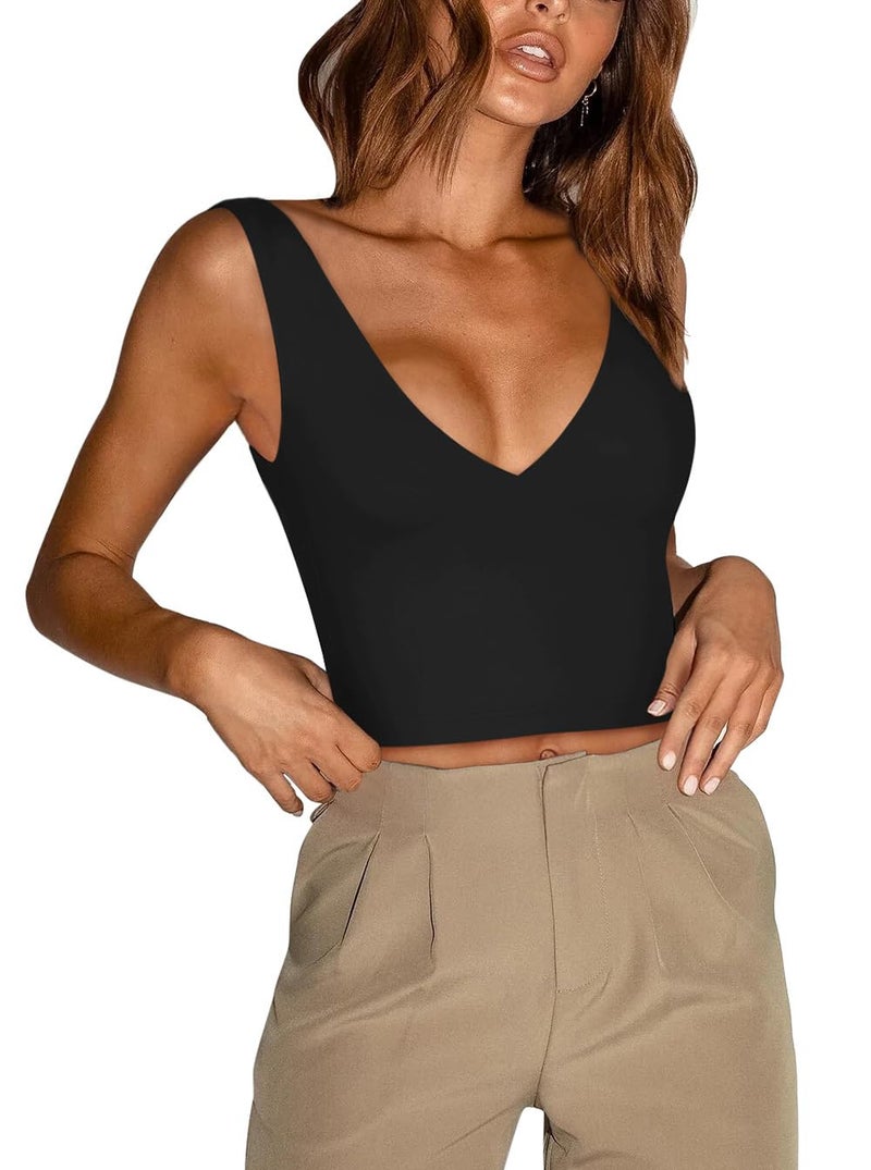 REORIA Women's Summer Sexy Plunge Deep V Neck Double Lined Sleeveless Backless Slim Fitted Cami Camisole Going Out Cropped Tank Top Trendy Basic Crop Tops Black Small - Image 1