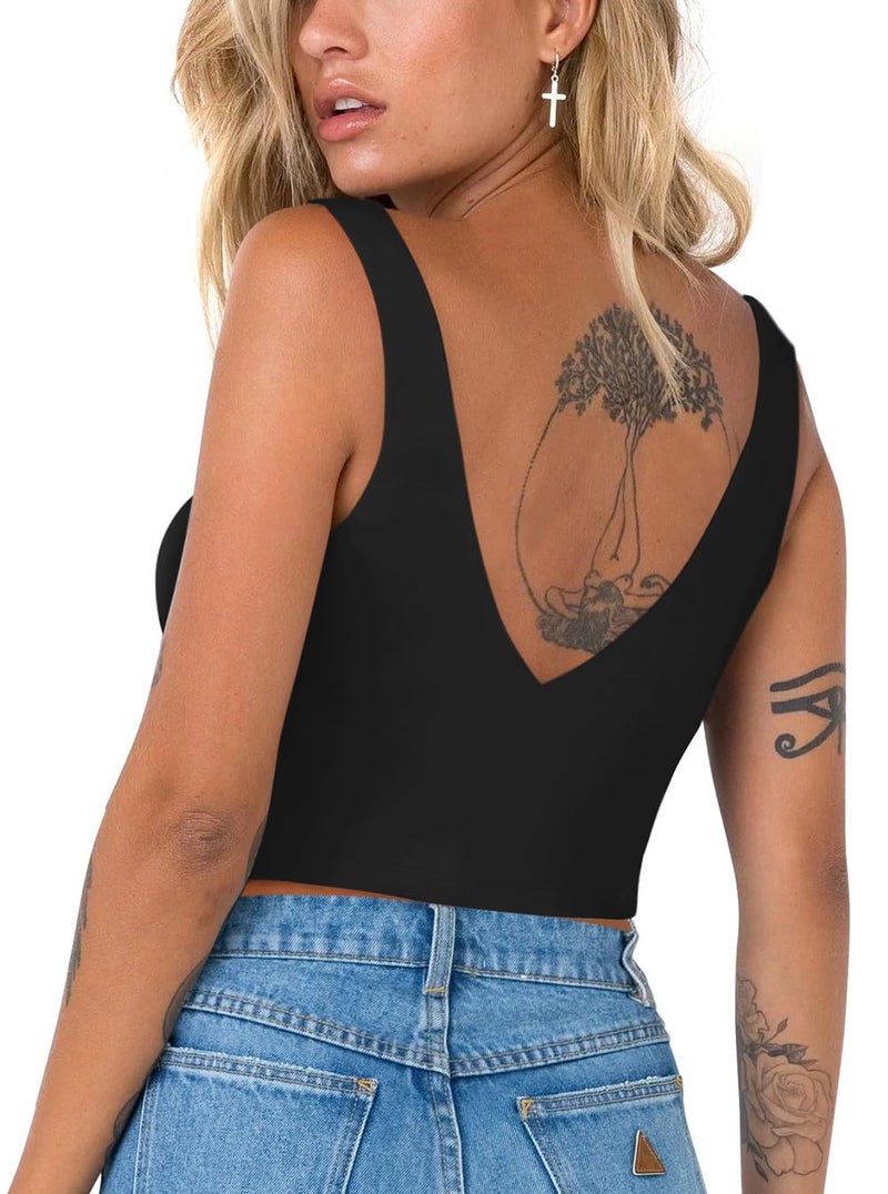 REORIA Women's Summer Sexy Plunge Deep V Neck Double Lined Sleeveless Backless Slim Fitted Cami Camisole Going Out Cropped Tank Top Trendy Basic Crop Tops Black Small - Image 2