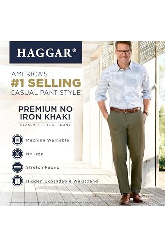Haggar mens Premium No Iron Khaki Classic Fit Expandable Waist Flat Front Casual Pants, Charcoal Heather, 36W x 29L US - Image 3