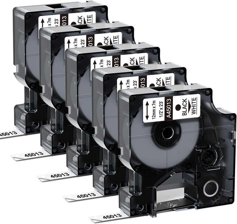 Labelife Replace for DYMO D1 Label Tape 45013 Black on White A45013 45013s S0720530 Refills Compatible with Dymo Labelmanager 160 LM 280 210D 360D 420P Label Maker, 1/2 Inch x 23Ft,5-Pack | 45013s S0720530 Label Maker Refills Compatible with Dymo Labelmanager 160 LM 280 210D 360D 420P, 5-PacK - Image 1