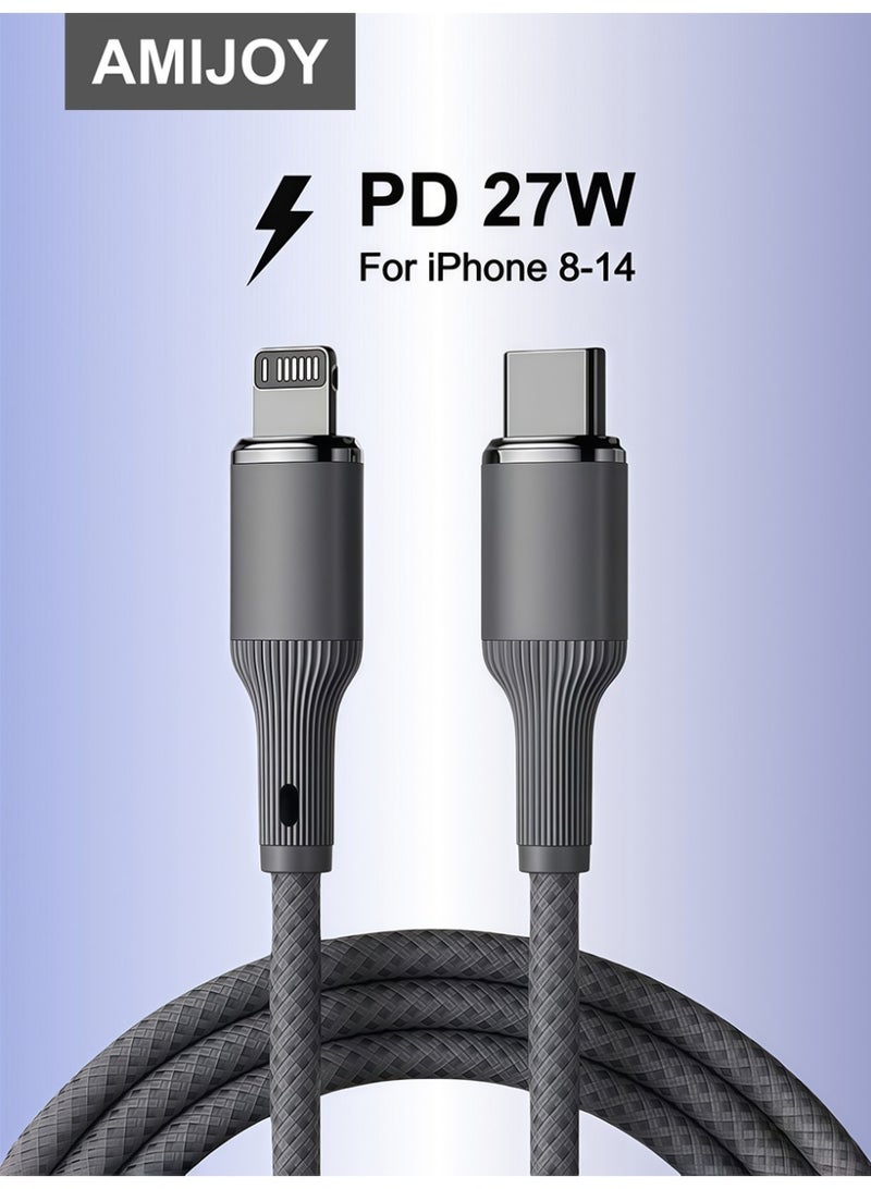AMIJOY Type C to Lightning Cable 1M [MFi Certified] – Fast 27W PD USB C to Lightning Cable for iPhone 14 13 12 11 Pro Max XS XR 8 Plus iPad – No Pop-up Warning, Braided iPhone Charger Cable, Durable iPhone Charging Cable, Sync Data Transfer, Compatible with Apple 8-14 Series – Grey Braided - Image 1