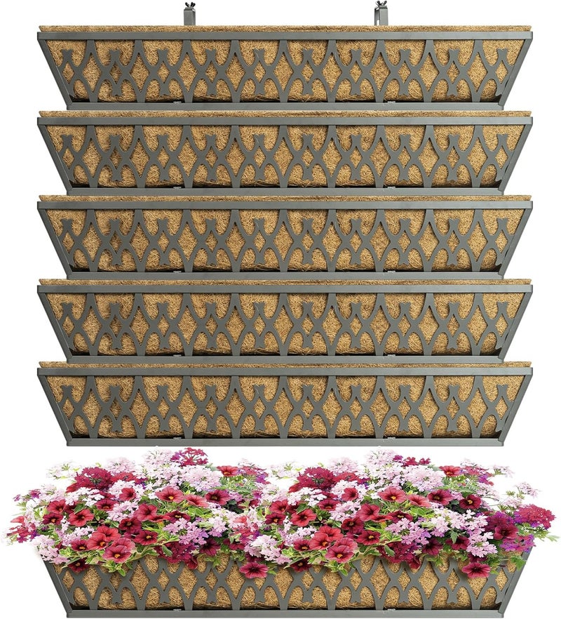 Karlliu 6 Pack 30 Inch Window Boxes Planters Railing Planter Box with Adjustable Brackets for Porch Fence Patio Balcony Hanging Flower Baskets with Coco Liners for Outdoor Garden Decor - Grey - Image 1