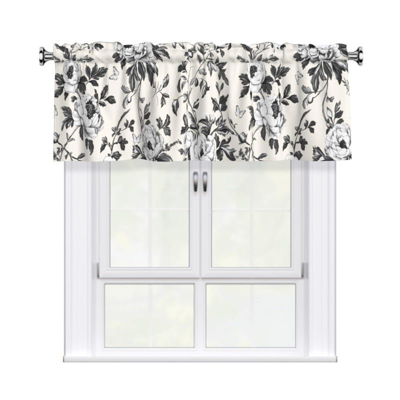 Granbey ستائر سوداء مزخرفة بالزهور للنوافذ، ستائر مزخرفة بالزهور باللونين الأسود والأبيض للمطبخ وغرفة المعيشة والمقهى والقبو، ستائر عصرية بجيب للعمود مناسبة للمنازل الريفية، مقاس 54 × 18 بوصة - Image 1