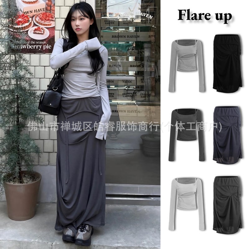 طقم تيشيرت بأكمام طويلة وتنورة مطويّة بقصّة Flare - Image 1