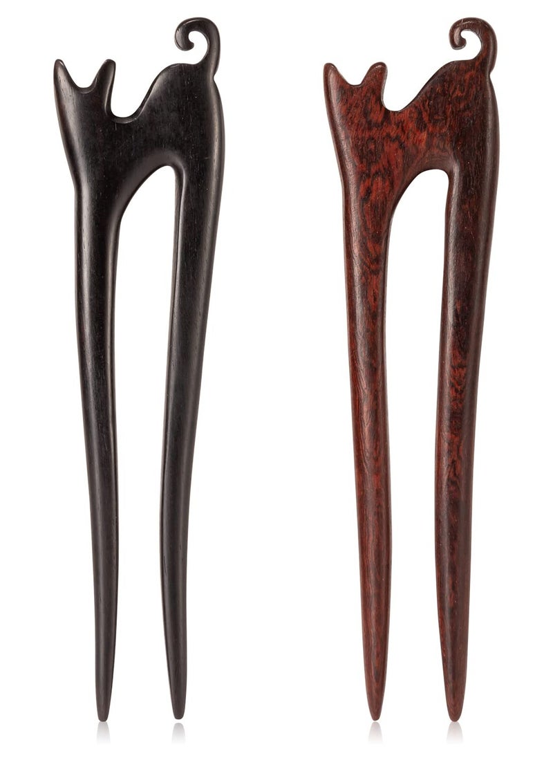 Noverlife Noverlife 2PCS Wooden French Hair Pins, Handmade Carved Ebony Sandalwood U Shape Hair Sticks with Cute Cat Kitty Design, 2-Prong Vintage Wood French Hair Clips for Women Chignon Bun Updo Hairstyle  - Image 1