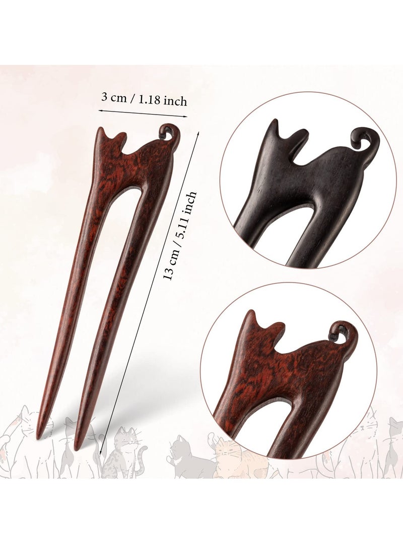 Noverlife Noverlife 2PCS Wooden French Hair Pins, Handmade Carved Ebony Sandalwood U Shape Hair Sticks with Cute Cat Kitty Design, 2-Prong Vintage Wood French Hair Clips for Women Chignon Bun Updo Hairstyle  - Image 2