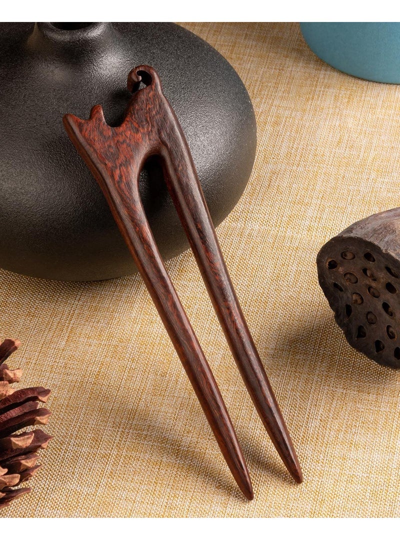 Noverlife Noverlife 2PCS Wooden French Hair Pins, Handmade Carved Ebony Sandalwood U Shape Hair Sticks with Cute Cat Kitty Design, 2-Prong Vintage Wood French Hair Clips for Women Chignon Bun Updo Hairstyle  - Image 4