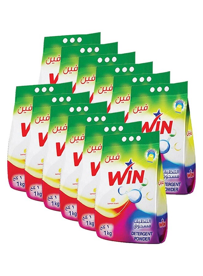 WIN Superior Laundry Detergent Washing Powder for White and Coloured Clothes - Lemon Scent 1KG Pack of 12 - Image 1