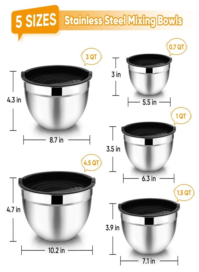 TeamFar Mixing Bowl Set of 5, 4.5/3/1.5/1/0.7 QT, Stainless Steel Metal Nesting Salad Bowl with Lid Set, Ideal for Mixing Serving, Non-Toxic & Sturdy, Airtight Lid & Easy Clean, Black - Image 2