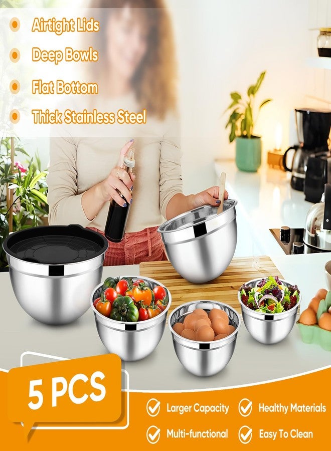 TeamFar Mixing Bowl Set of 5, 4.5/3/1.5/1/0.7 QT, Stainless Steel Metal Nesting Salad Bowl with Lid Set, Ideal for Mixing Serving, Non-Toxic & Sturdy, Airtight Lid & Easy Clean, Black - Image 3