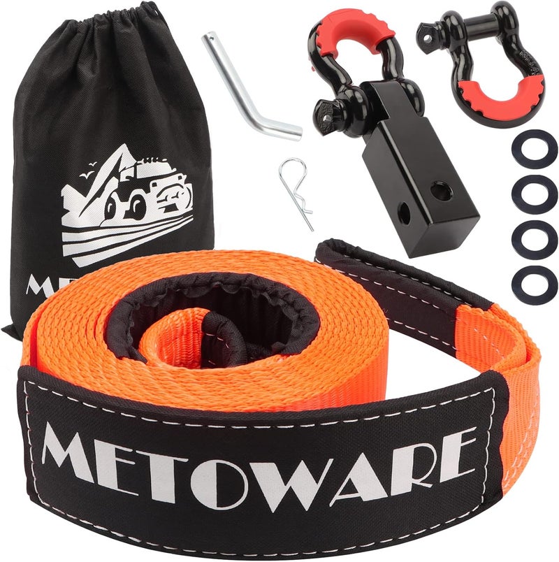 METOWARE Heavy Duty Tow Strap Recovery Kit - 3" x 20ft (35,000lbs) with D Ring Shackles and Hitch Receiver - Image 1