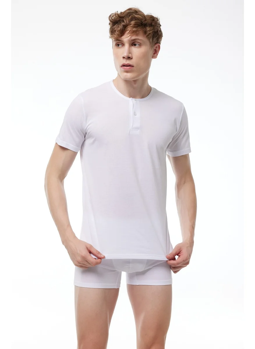 Malabadi Men's White Button-down Collar Thin Modal Summer Cool T-shirt 083
