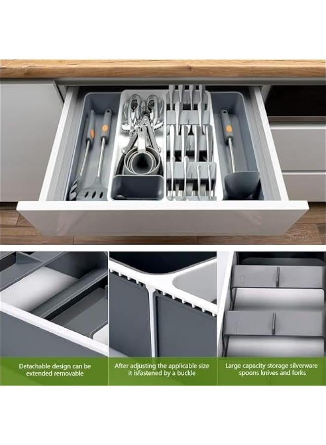 هوكور منظم درج أدوات مائدة الفضية قابل للتوسيع من تراسل، صينية تنظيم أدراج مطبخ قابلة للتعديل مكونة من 8 أقسام، منظم أدوات مائدة صغير متعدد الاستخدامات للملاعق والسكاكين - Image 5