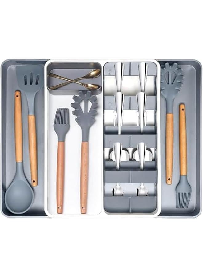 هوكور منظم درج أدوات مائدة الفضية قابل للتوسيع من تراسل، صينية تنظيم أدراج مطبخ قابلة للتعديل مكونة من 8 أقسام، منظم أدوات مائدة صغير متعدد الاستخدامات للملاعق والسكاكين - Image 1