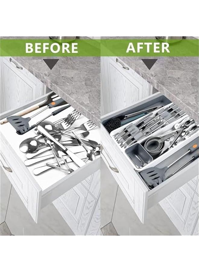 هوكور منظم درج أدوات مائدة الفضية قابل للتوسيع من تراسل، صينية تنظيم أدراج مطبخ قابلة للتعديل مكونة من 8 أقسام، منظم أدوات مائدة صغير متعدد الاستخدامات للملاعق والسكاكين - Image 3