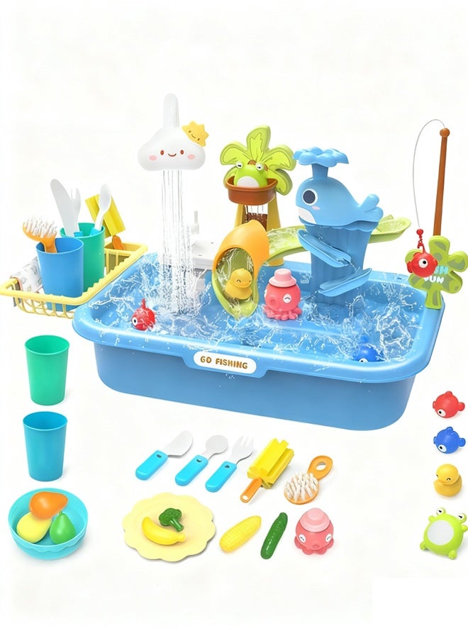 ألعاب حوض المطبخ التظاهري، ألعاب حوض الأطفال، ملحقات ألعاب المطبخ، ألعاب الصيد العائمة على حمام السباحة للعب في الماء، لعبة غسالة الأطباق للأطفال، للأطفال الصغار الأولاد والبنات (أزرق) - Image 1