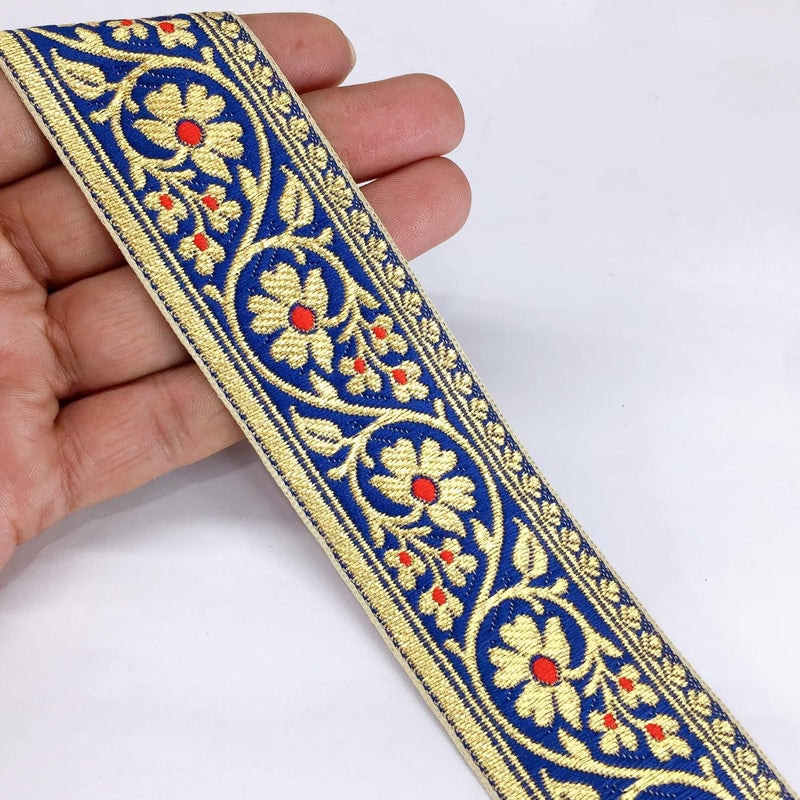 Lami 9 Meter Blue Flower Design Saree Lace with Golden Thread,Flower Design Banarasi Saree Border Blue Lace,Designer Saree Border,Ribbon,Dupatta Lace,Trim & Embellishments,Indian Trimmings - Image 4