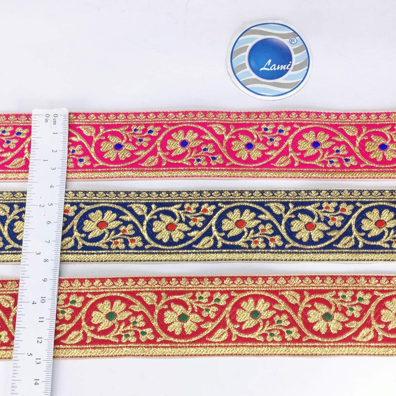 Lami 9 Meter Blue Flower Design Saree Lace with Golden Thread,Flower Design Banarasi Saree Border Blue Lace,Designer Saree Border,Ribbon,Dupatta Lace,Trim & Embellishments,Indian Trimmings - Image 3