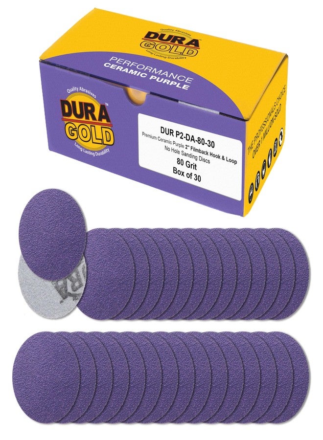 Dura-Gold Premium 80 Grit 2" Purple Film Ceramic Sanding Discs, Box of 30 - Hook & Loop Backing Sandpaper for DA Sander, Drill, Grinder, Rotary Tool - Sand Auto Body Paint, Metal, Wood, Woodworking - Image 1