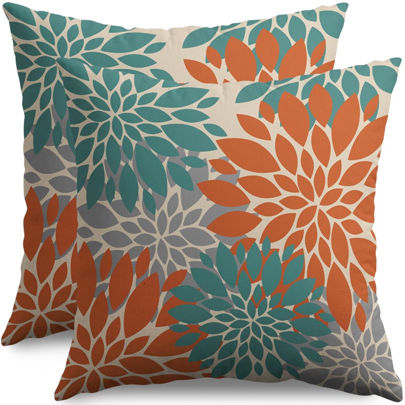 Smozenith Smozenith Teal Orange Gray Grey Pillow Covers 18X18 Inch Set of 2  Spring Modern Geometry Dahlia Floral Print Decorative Throw Pillow Covers Outdoor Farmhouse Cushion Case for Couch Sofa Bed Decor  - Image 1