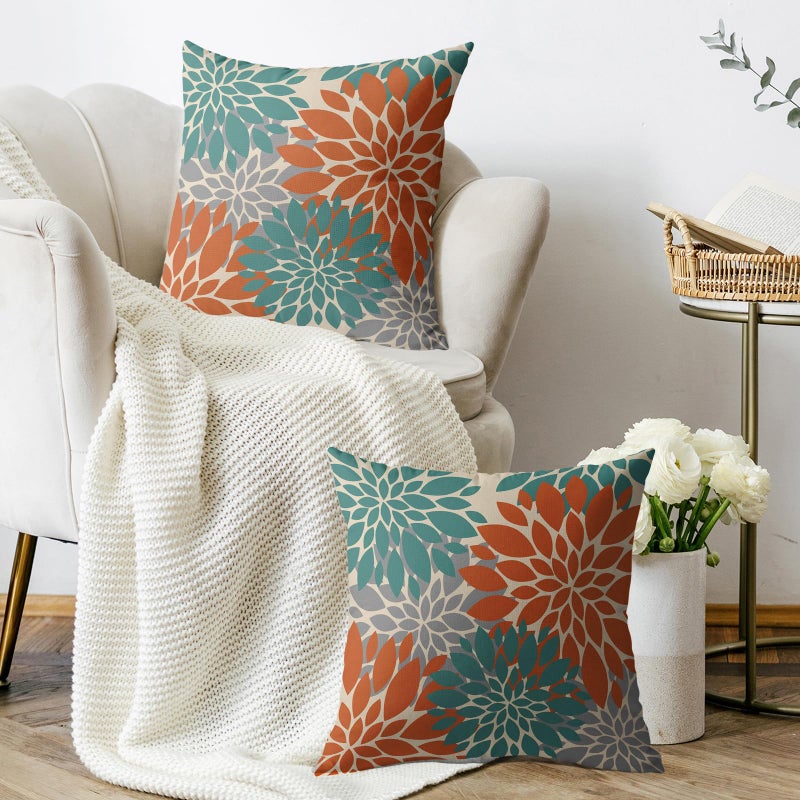 Smozenith Smozenith Teal Orange Gray Grey Pillow Covers 18X18 Inch Set of 2  Spring Modern Geometry Dahlia Floral Print Decorative Throw Pillow Covers Outdoor Farmhouse Cushion Case for Couch Sofa Bed Decor  - Image 3