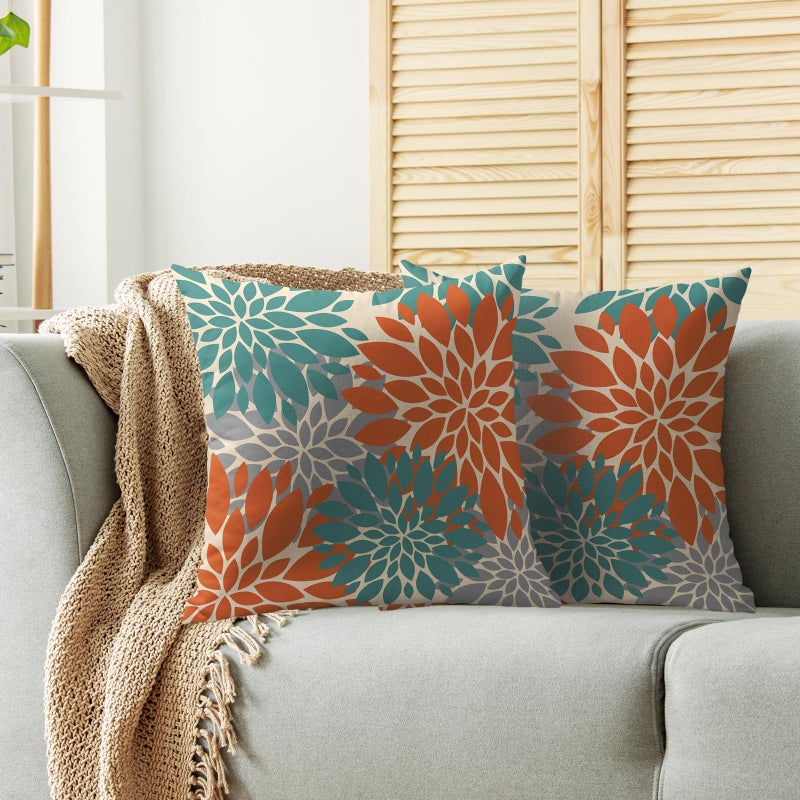 Smozenith Smozenith Teal Orange Gray Grey Pillow Covers 18X18 Inch Set of 2  Spring Modern Geometry Dahlia Floral Print Decorative Throw Pillow Covers Outdoor Farmhouse Cushion Case for Couch Sofa Bed Decor  - Image 2