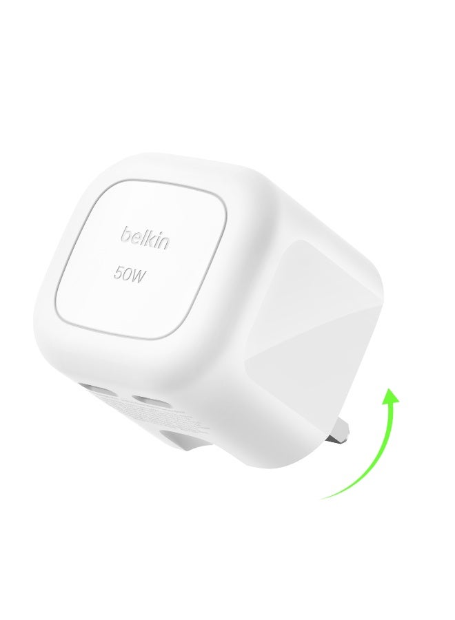بيلكين شاحن 2-منفذ USB-C بقوة 50 واط، شاحن GaN مزدوج المنفذ مع 2x منافذ USB C، شحن سريع لجهاز MacBook، iPhone 16، iPad Pro، Chromebook، Galaxy S25 Ultra، Pixel 9، إلخ - أساسيات السفر - - Image 1