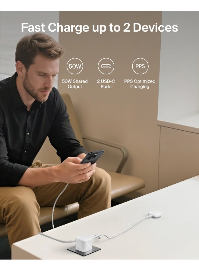 بيلكين شاحن 2-منفذ USB-C بقوة 50 واط، شاحن GaN مزدوج المنفذ مع 2x منافذ USB C، شحن سريع لجهاز MacBook، iPhone 16، iPad Pro، Chromebook، Galaxy S25 Ultra، Pixel 9، إلخ - أساسيات السفر - - Image 2