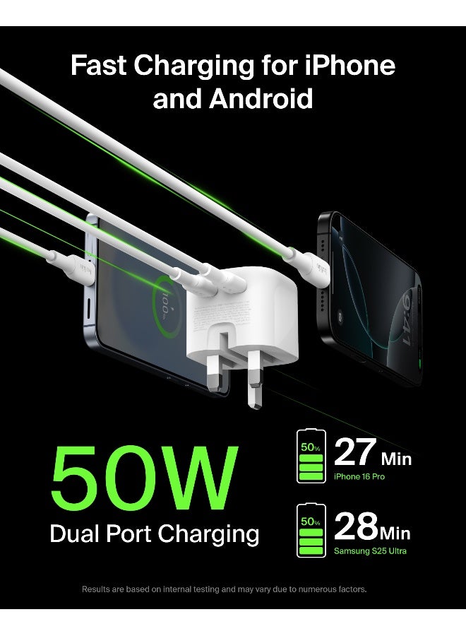 بيلكين شاحن 2-منفذ USB-C بقوة 50 واط، شاحن GaN مزدوج المنفذ مع 2x منافذ USB C، شحن سريع لجهاز MacBook، iPhone 16، iPad Pro، Chromebook، Galaxy S25 Ultra، Pixel 9، إلخ - أساسيات السفر - - Image 4