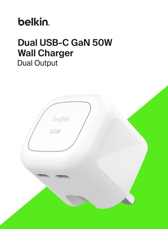 belkin 2-Port USB-C Plug 50W, Dual-Port GaN Charger with 2x USB C Ports, Fast Charging for MacBook, iPhone 16, iPad Pro, Chromebook, Galaxy S25 Ultra, Pixel 9, etc. - Travel Essentials - White White - Image 1